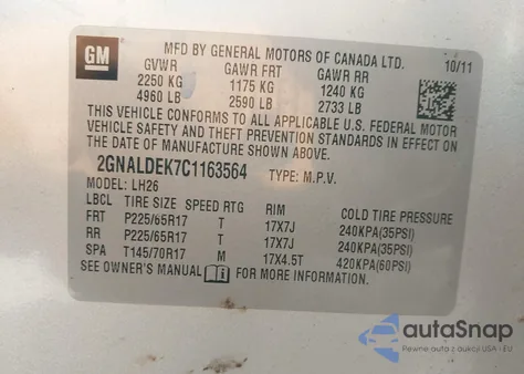 2012 Chevrolet Equinox 1Lt z USA, uszkodzony, nr VIN 2GNALDEK7C1163564